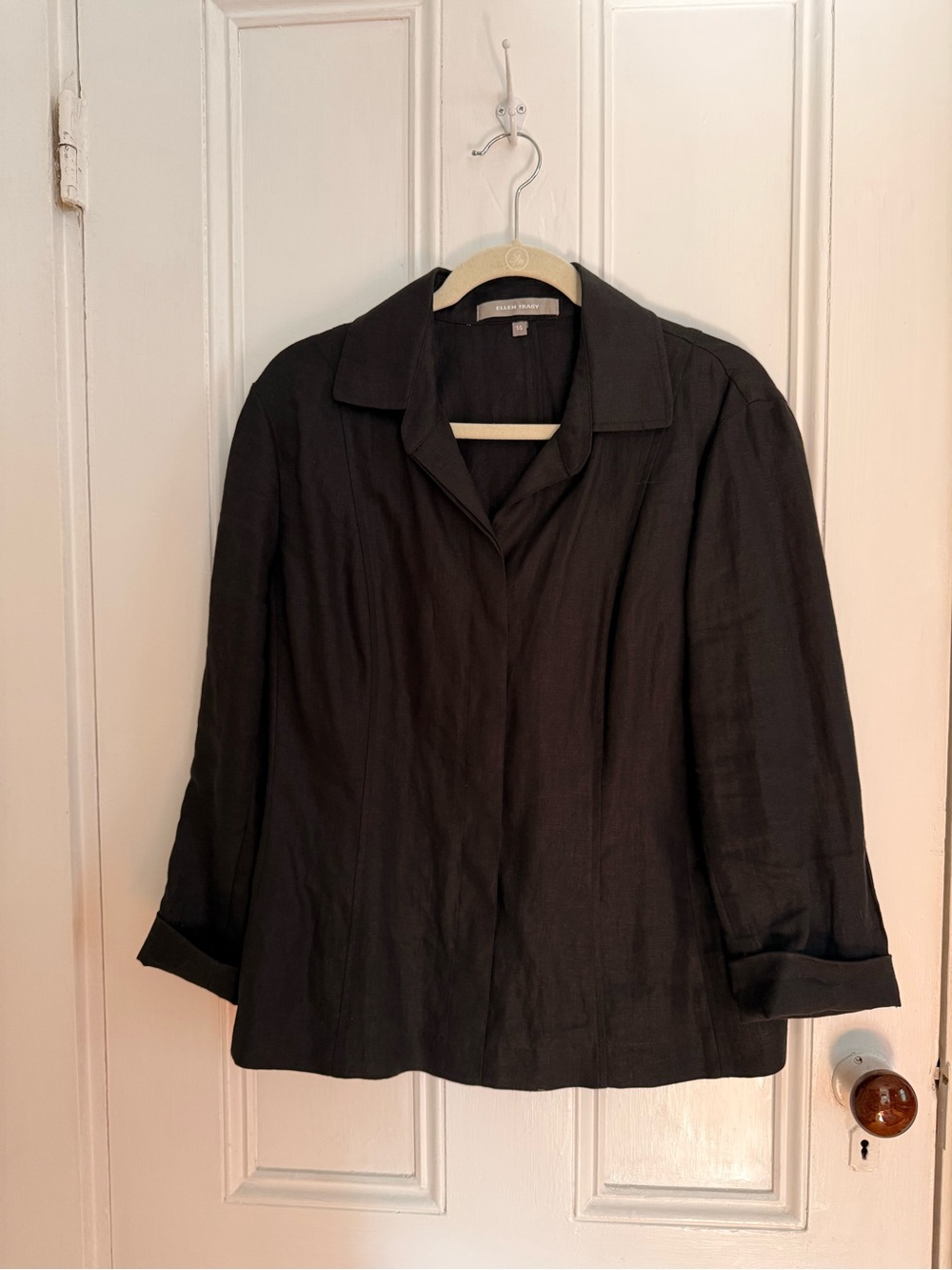Ellen Tracy Black Linen No Show Button-Front Jacket size 14, 100% linen.